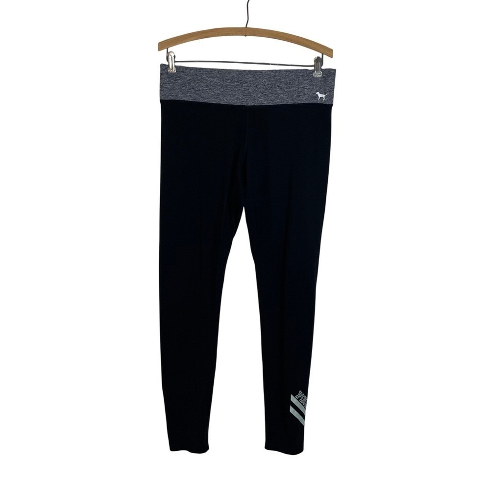 PINK Victoria's Secret 32in Waist Black Leggings Gray‎ Waistband Logo Activewear